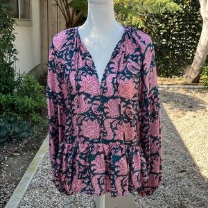 Hannah Artwear 100%Silk  Designer Teal and Pink Patterned Flowy Top